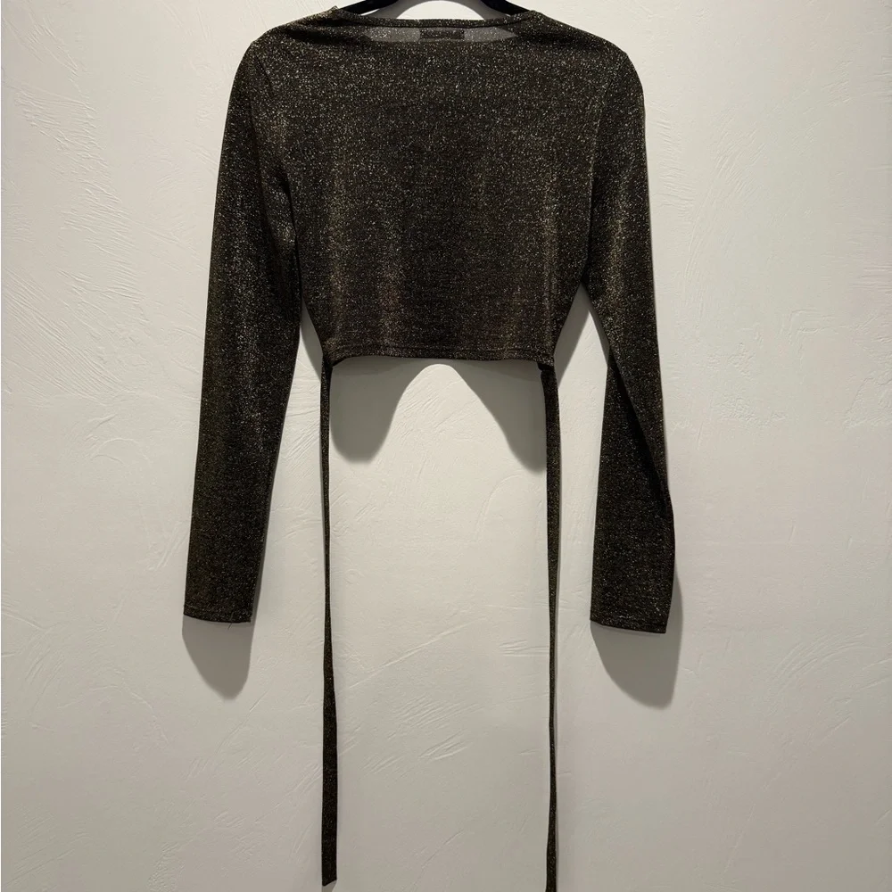 Reformation Black and Gold Tie Front Crop Top